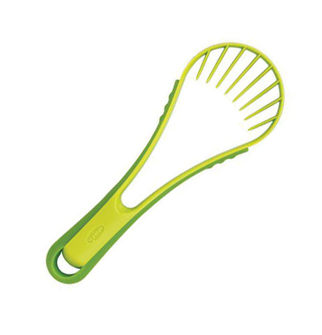 Green avocado slicer & peeler that is in the shape of a spoon and has prongs and a handle.