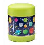 Food jar with outer space design over a dark blue background with light green top and bottom.