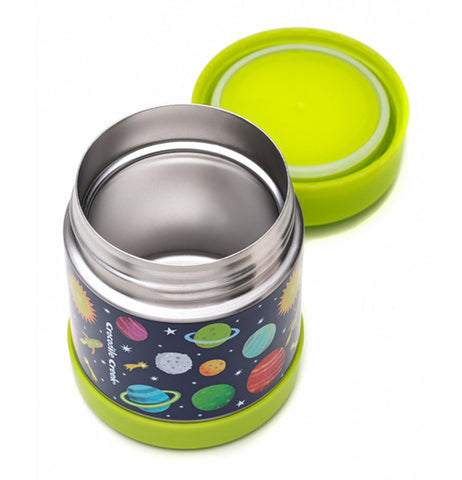 Stainless steel food jar with outer space design with light green lid off.