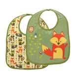 2 set baby bib forest animal. first one has skunks, raccoons and foxes in multi-color, the other one has a green back ground with a big fox and flowers and bird 