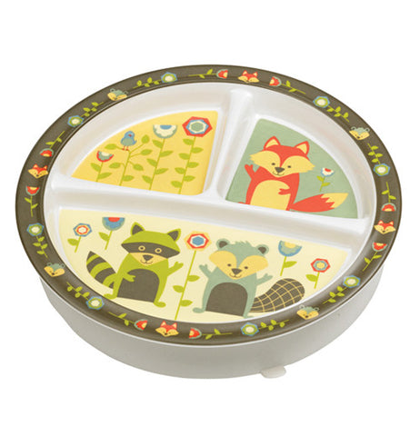 Baby plate with foxes on it.