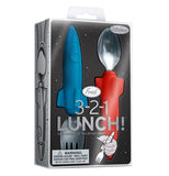 Silverware with handles that look like rockets, one is red and the other is blue in original packaging.