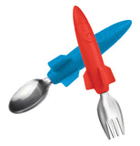 Silverware with handles that look like rockets, the fork is red and the spoon is blue.