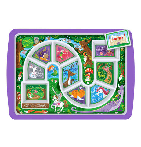 Purple game board plate that has a magical forest theme to it.