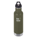 The dark olive green steel water bottle with a loop cap and the Klean Kanteen logo printed in the center is shown individually.
