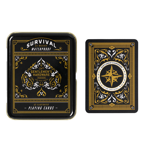 This is a decorative gold and black box with playing card symbols and arrows on its lid, and a compass symbol on its bottom.