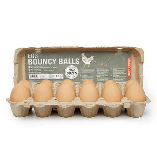 The box containing the egg shaped bouncy balls is shown from a frontal angle.