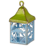 The "Mini Bird Lantern" has the garden decoration with the green top along with blue birds with holly branches on the bottom. 