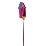 The Butterfly House Pick has the dark pink house with a blue roof on top with an orange butterfly attached to the metal pole.