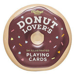White donut shaped box of "Donut Lover's" playing cards that features brown frosting with orange, pink, yellow, and blue sprinkles on a white background.