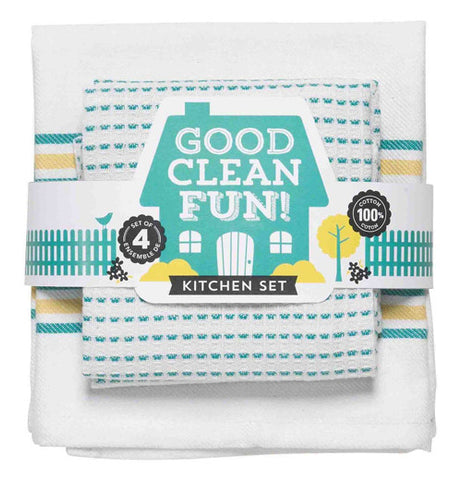 This set of 4 dishtowels has all the towels folded and wrapped in it's packaging. The smaller towel is white with teal blue dots on it and the bigger one is also white, but in the middle it has teal blue and yellow stripes. 