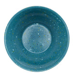 Over top view of "Agave Blue" garbage bowl with white and yellow speckles.