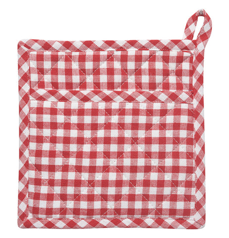A quilted square pot holder with red and white checkerboard, gingham print. Has a pocket and hook for hanging.