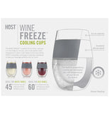 The back of the glasses' packaging is shown with the words, "Host Wine Freeze Cooling Cups" in gray and green lettering. To the right of the letters is a diagram of the glass and its ice component for freezing. To the left from the diagram are pictures of the three glasses containing different liquids.