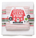 This set of 4 dishtowels have all the towels folded and wrapped in it's packaging. The smaller towel is white with red dots on it and the bigger one is also white, but in the middle it has forrest green and red stripes. 