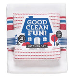 This set of 4 dishtowels has all the towels folded and wrapped in it's packaging. The smaller towel is white with red dots on it and the bigger one is also white, but in the middle it has blue and red stripes. 