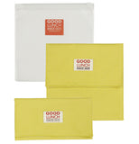 Set of three reusable snack sacks: two yellow, one clear.