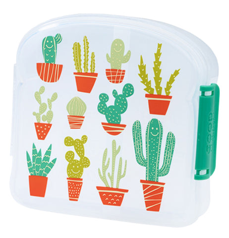 A semi-clear cactus and desert themed sandwich container.