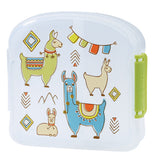 This semi-clear sandwich box features several cuddly and colorful llamas. 