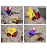 multiple pictures of dump trucks being played with in the sand.