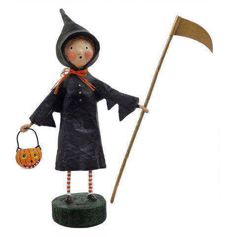 This figurine is of a boy dressed in a Grim Reaper outfit, holding a staff and holding a Jack-O-Lantern basket.