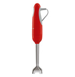 The side view of this red colored hand blender shows on the right he grey power cable, the base part is silver.