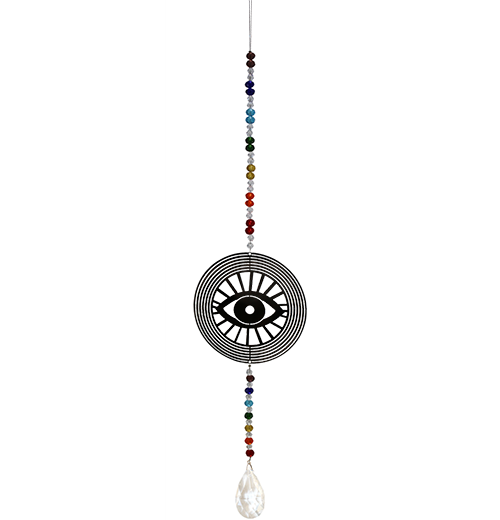 A suncatcher with black, blue, amber, red, and purple glass bead. In the middle is a black "protective eye" deisgn. At the bottom is a clear, crystal-shaped teardrop.