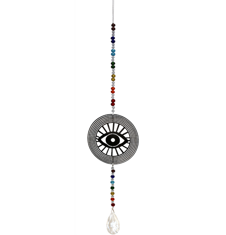 A suncatcher with black, blue, amber, red, and purple glass bead. In the middle is a black "protective eye" deisgn. At the bottom is a clear, crystal-shaped teardrop.