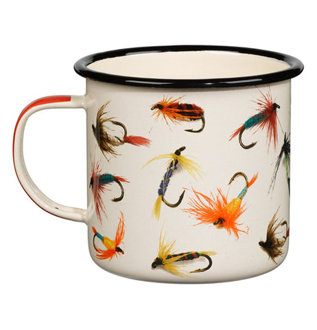 The left hand side of the "Flies" Enamel Mug has artwork of the fishing flies on the outside.