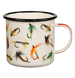 The right side of the "Flies" Enamel Mug has artwork of fishing flies on the outside. 
