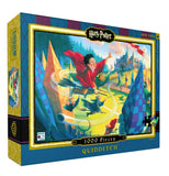 Diagonal view of "Quidditch" puzzle box with Harry Potter flying on a broom in a red uniform trying to catch the golden snitch over pointed spires.