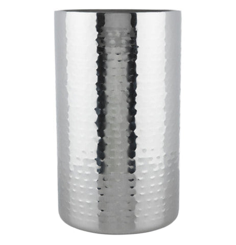 This is a stainless steel cylinder for putting ice around a wine bottle.