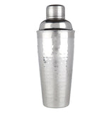 This cocktail shaker is made of silver chrome with a measuring cap and strainer.
