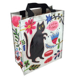 The bag with the black cat and plant design is shown from a different frontal angle.