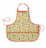 This yellow kiddie apron has a variety of light and dark green cacti in different orange pots with orange tying strings.