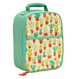 A turquoise and yellow zippee lunch tote with a variety of light and dark green cacti in orange pots with an orange zipper pull and green handle on top.