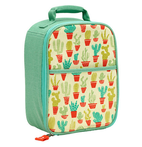 A turquoise and yellow zippee lunch tote with a variety of light and dark green cacti in orange pots with an orange zipper pull and green handle on top.