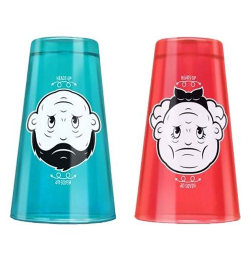 The blue cup with the boy upside down is a grumpy old man and the red cup has the girl upside down as a grumpy old woman.