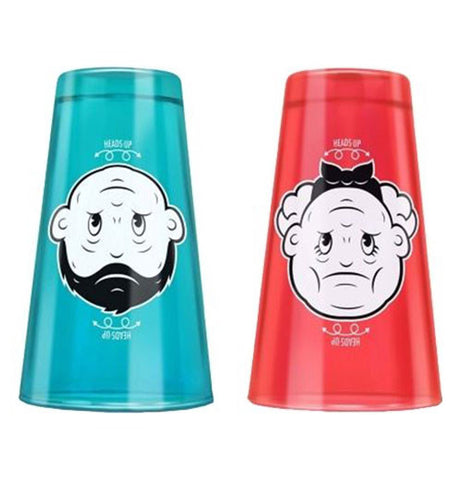 The blue cup with the boy upside down is a grumpy old man and the red cup has the girl upside down as a grumpy old woman.