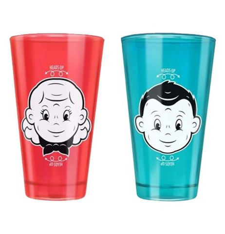 Red cup with a girl smiling and blue cup with a boy smiling.