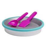Two magenta ice cream spoons, one shaped like a spade, the other shaped like a deeper shovel, both sitting in a round silver pan with turquoise edges