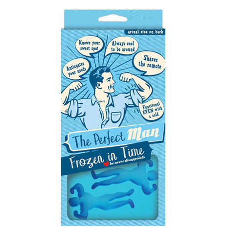 Ice molds in package that has cute sayings in speech bubbles. the package says "the perfect man frozen in time."