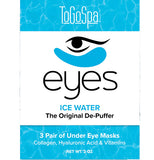 A package of eye treatments is bordered with a blue water design. An eye logo is in the middle. The package reads "ToGoSpa. Eyes. Ice Water. The Original De-Puffer. 3 Pair of Under Eye Masks. Collagen hyaluronic acid & vitamins."