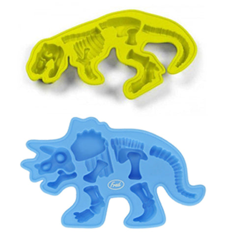 The Set of 2 Green "Fossiliced" Ice Trays, the Green T-Rex and the Blue Triceratops.