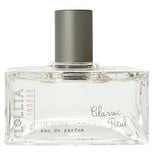 Perfume is in a clear bottle with a gray top.