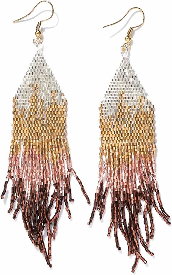 Claire Ombre Beaded Fringe Earrings Mixed Metallic
