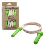 This jump rope with green handles is made from recycled materials. One rope is shown in its cardboard packaging, while the other is seen coiled up and lying outside the box.