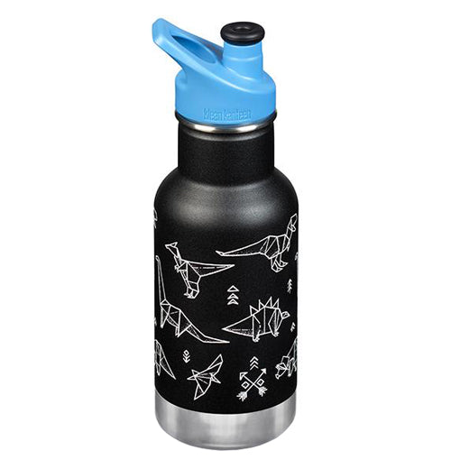 This black steel water bottle with a blue loop lid has a design of different origami dinosaurs.