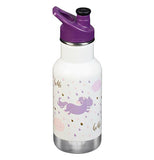 This is a white and purple insulated water bottle with a pink and purple dog on it. with a purple sports cap.