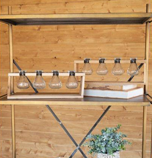 4 Glass Bud Vases on Recycled Wood Stand